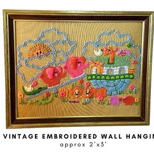 Vintage Noah’s Ark crewel needlepoint embroidered wall art